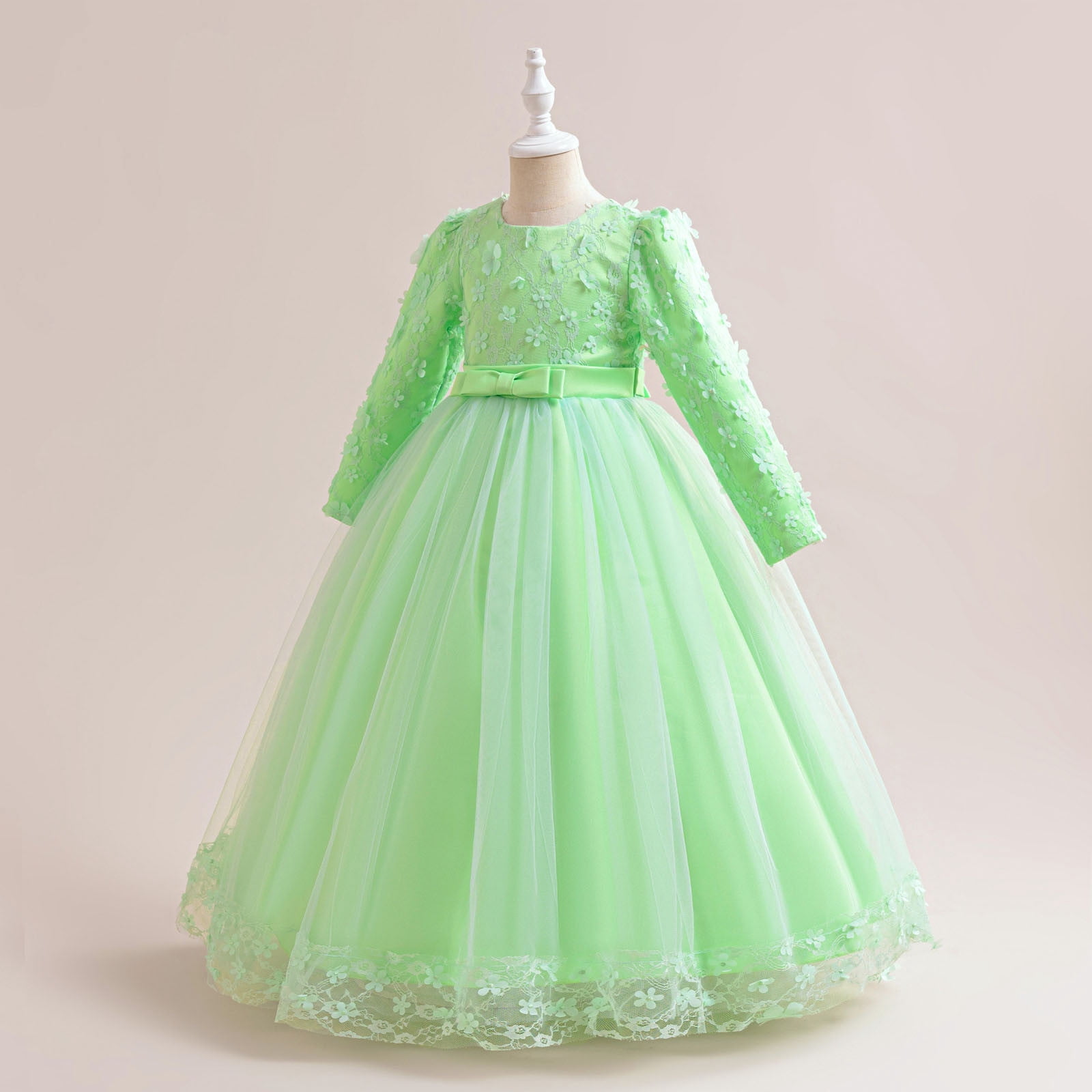 JSGEK Girls Flower Vintage Floral Lace 3/4 Sleeves Floor Length Dress Wedding Party Evening Formal Pegeant Dance Gown Green 9-10Years