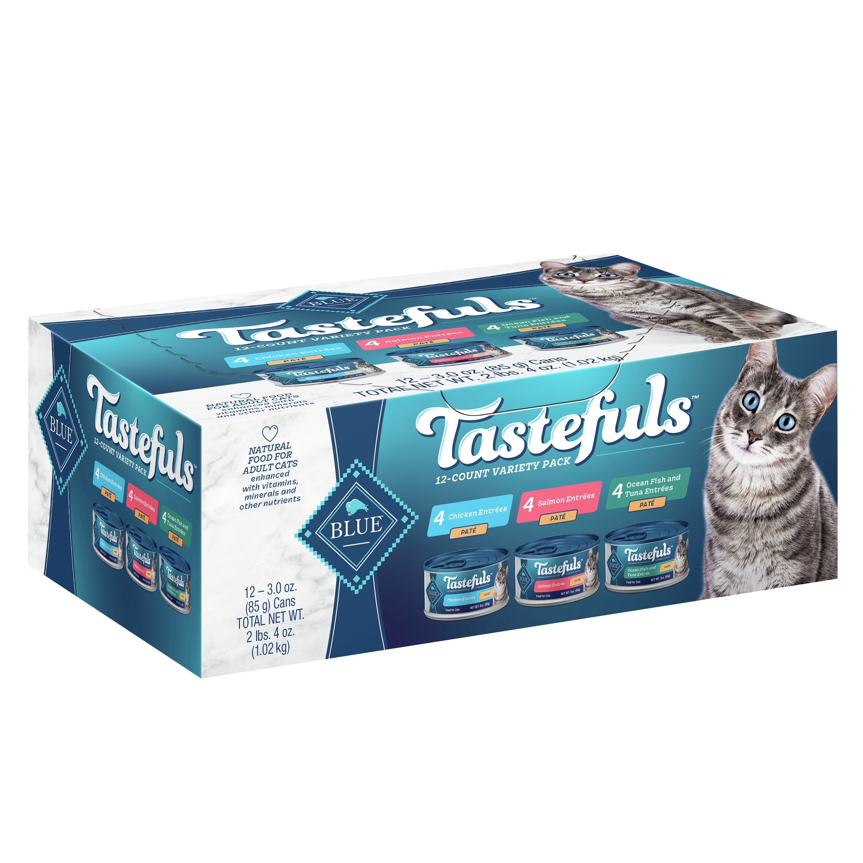 Blue Buffalo Tastefuls Salmon, Chicken, & Ocean Fish and Tuna Pate Wet Cat Food Variety Pack for Adult Cats, 3 oz. Cans (12 Pack)