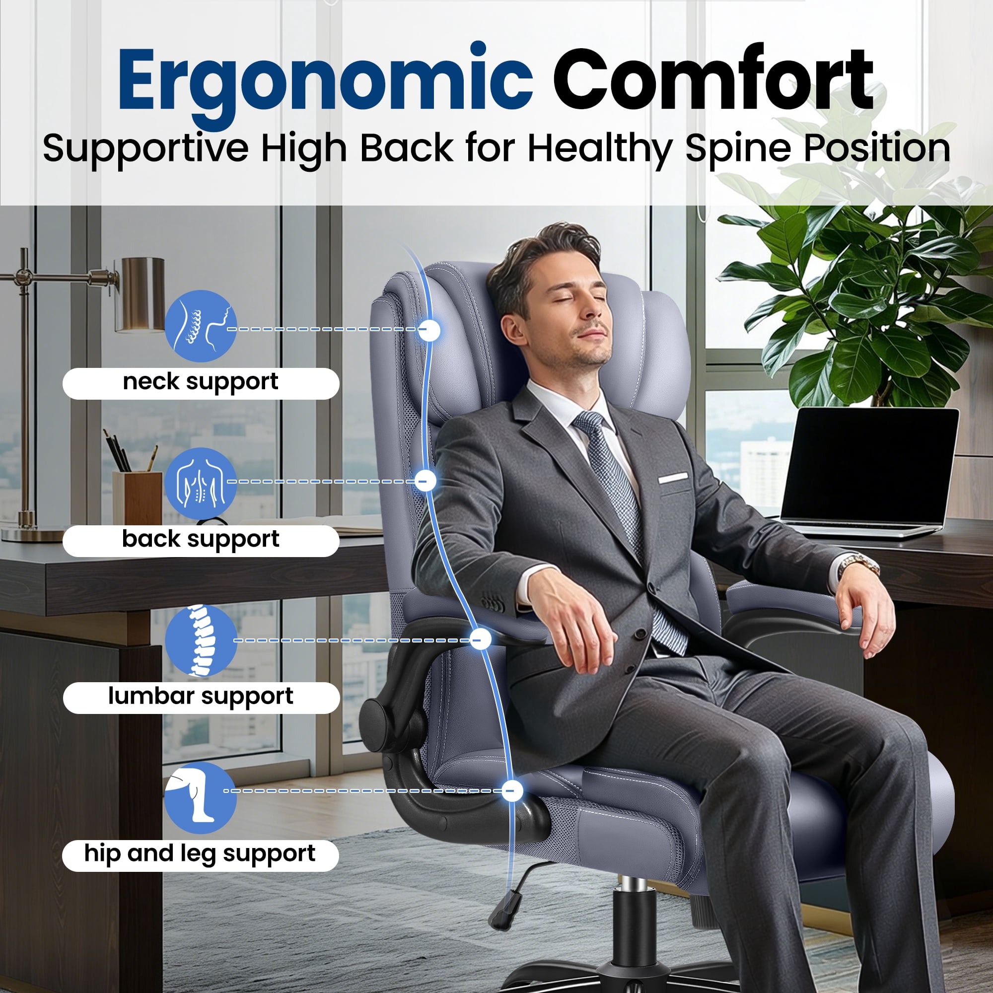 STACOO High Back Executive Office Chair 400lbs, Big and Tall Ergonomic Desk Chair with Lumbar Support & Flip-up Armrests, PU Leather Swivel Chair with Adjustable Height – Gray