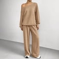 thumbnail image 6 of VV AVEORS Women 2 Piece Outfit Matching Sweat Sets Off The Shoulder Knit Set Lounge Top Wide Leg Sweatpants Tracksuit Camel 2XL, 6 of 6