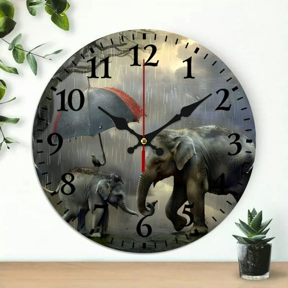 YILUYINQING Elephant Baby Rain Round Wooden Wall Clock with Silent Mechanical Movement for Home Decor - Perfect for Living Rooms, Kitchens, Dorms - Practical Everyday Gifts 10x10in