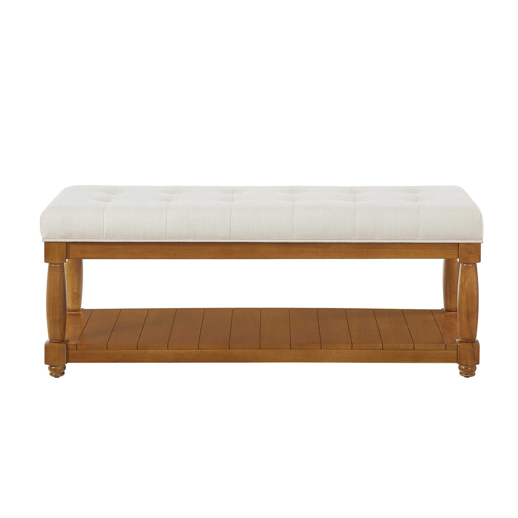 Upholstered Linen Bench with Storage Shelf - Tufted Ottoman Bench for Bedroom Entryway Living Room, Solid Wood Spindle Legs Accent Furniture