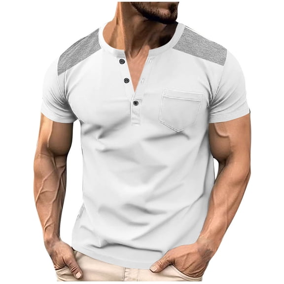 HAiming Color Block Shirt for Men Short Sleeve Casual Crew Neck Button Pullover Tops Basic Tee Trendy Clothes