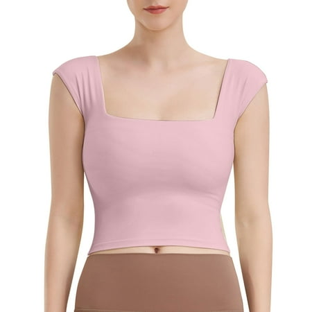 Yindaity Evening Dress Style Sports Bra Square Neck Sports Bra Tight Yoga Vest Women s Sports Short Sleeve Yoga Dress (Pink XL)