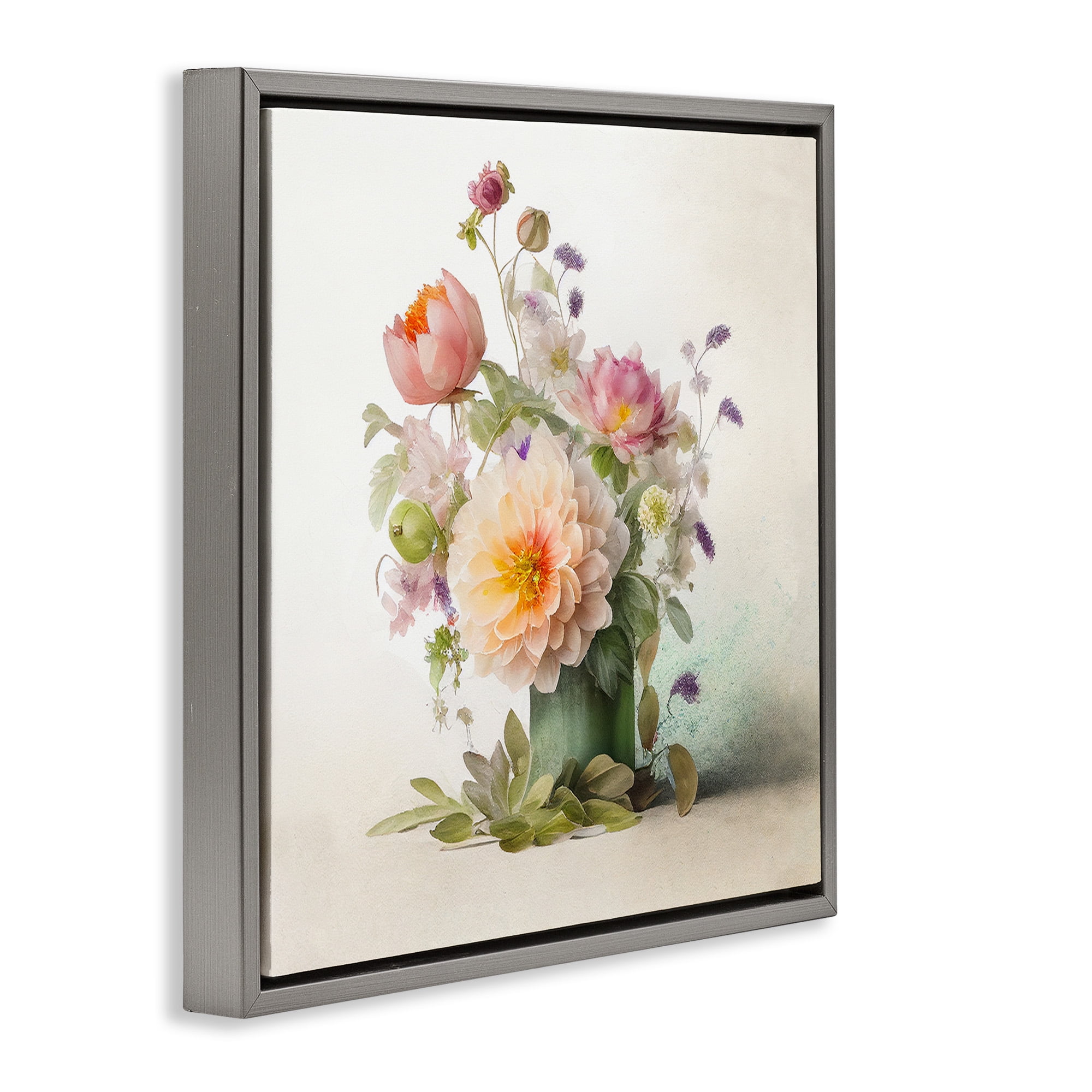 Stupell Industries Spring Floral Bouquet Botanical & Floral Painting Gray Floater Framed Canvas Art Print Wall Art, 25 x 25
