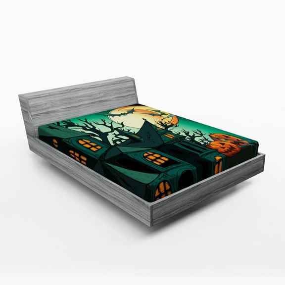 Ambesonne Teal Fitted Sheet, Halloween Haunted Castle, Full Size, Orange Teal