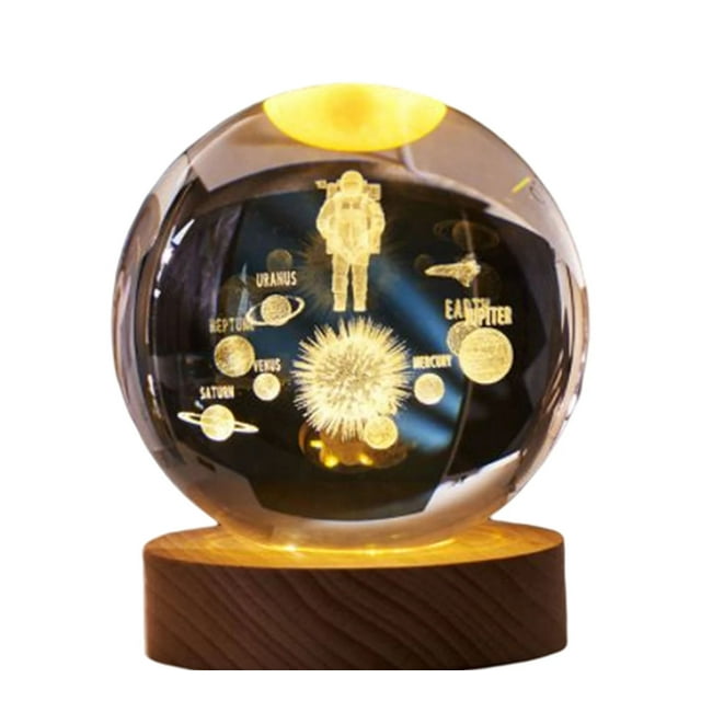 Tignapoo 3D Solar System Crystal Ball Night Light with Wooden Base, USB-Powered Astronomy Decor for Kids' Room, Unique Gift for Holidays & Home Decor