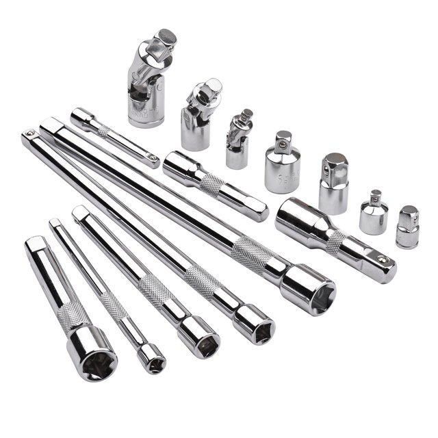 15 Pieces Drive Tool Accessory Set Includes Socket Adapters 1/4'' 3/8'' 1/2'' Extensions and Universal Joints Drive Impact Extension Bar and Adapter Set Professional Socket Accessories