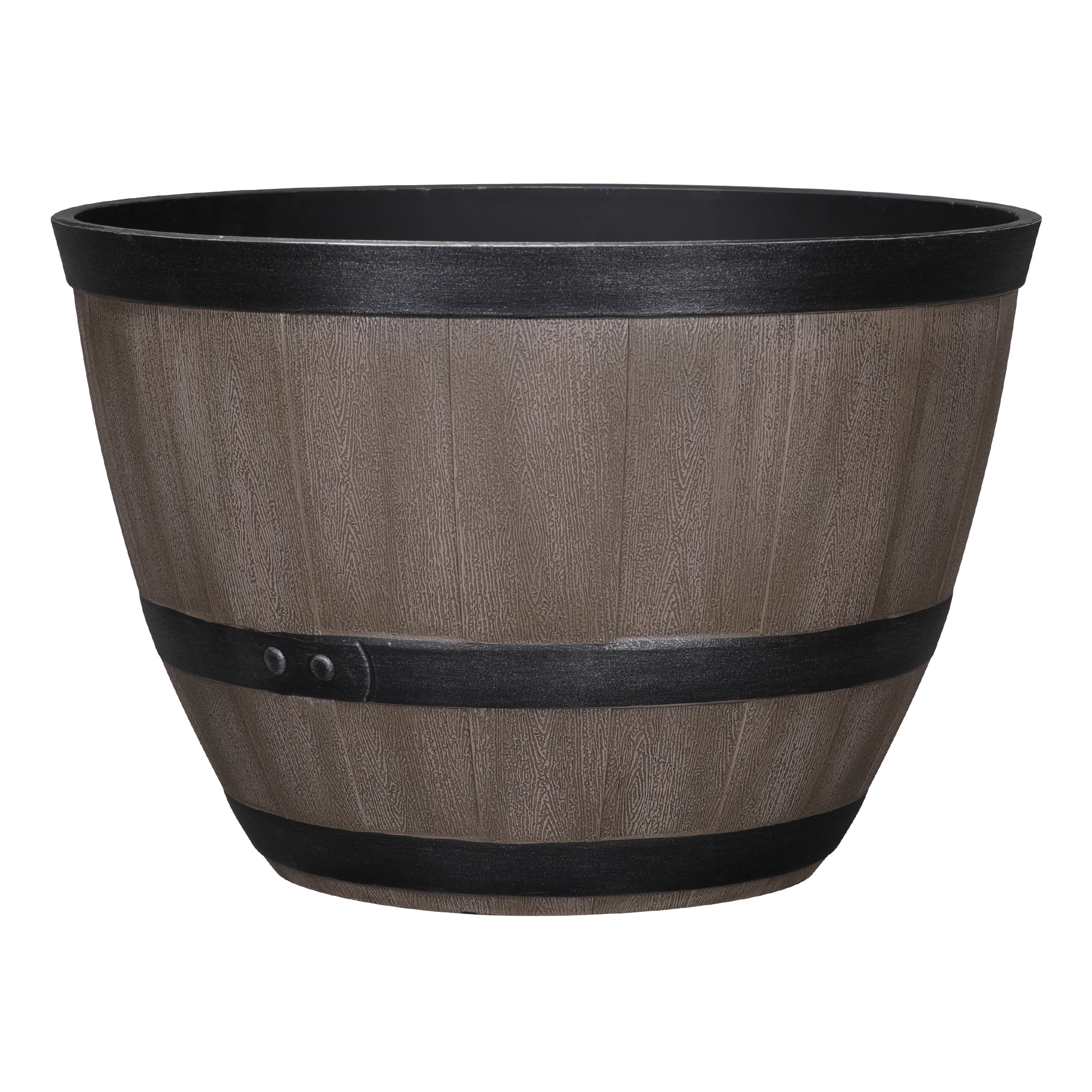 Expert Gardener 18" × 18" × 12" Whiskey Barrel Walnut Brown 100% Recycled Resin Hose Pot with Removable Drainage Plug