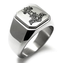 Stainless Steel Asgard Mjolnir Thor's Hammer Viking Norse Engraved Square Flat Top Biker Style Polished Signet Ring