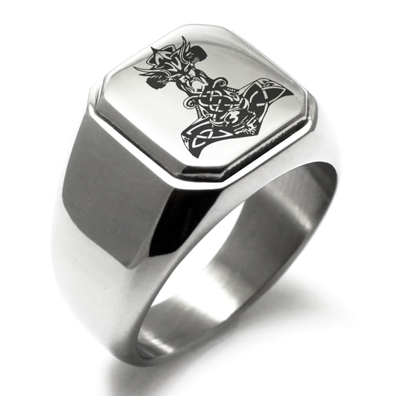 Tioneer Stainless Steel Asgard Mjolnir Thor's Hammer Viking Norse Engraved Square Flat Top Biker Style Polished Signet Ring