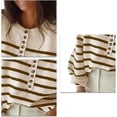 thumbnail image 3 of Ladies Casual Long Sleeve Striped Pullover Top, Round Neck Raglan Sleeve Sweater, Loose Fit Crew Neck Sweatshirt, Chunky Button Up Pullover Knit Top（L）, 3 of 5