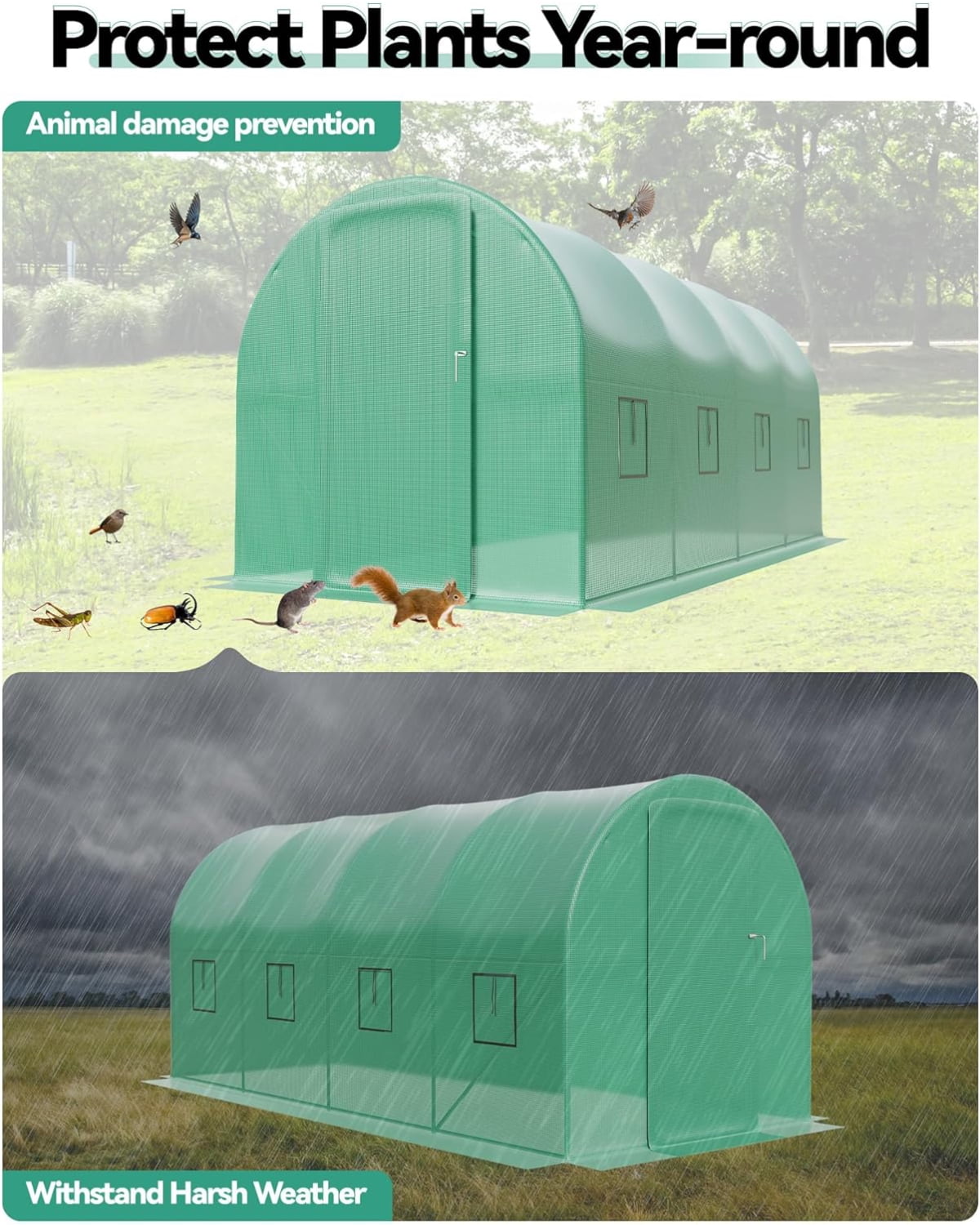 Emorefun Large Greenhouse, Heavy-Duty Walk in Tunnel Greenhouse with Swing Door & 8 Mesh Windows for Backyard Planting, 15x6.5x6.5 ft, Green