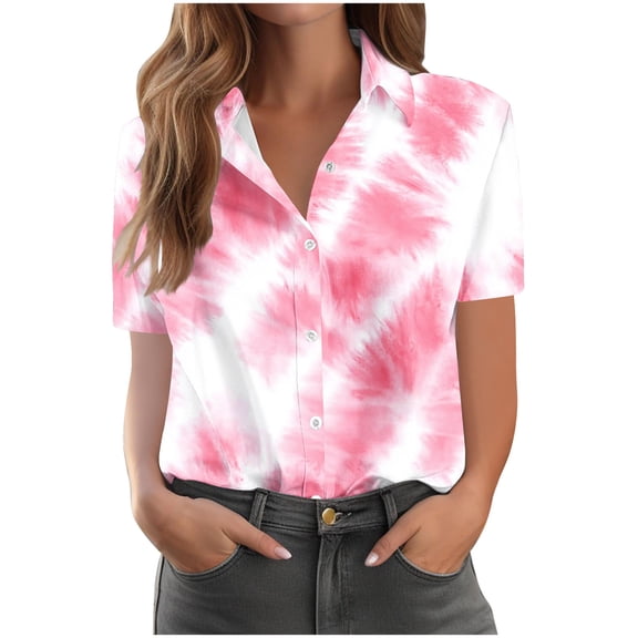 Blouses Plus Size,Short Sleeve Tops for Women Summer Printed V Neck Tshirts Button Down Tops Dressy Casual