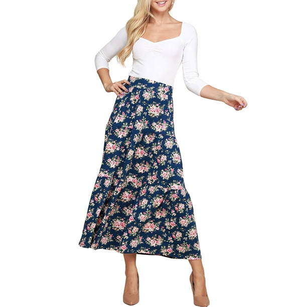 Doublju Women's Elastic Waist Layered Shirring Maxi Skirt with Plus ...