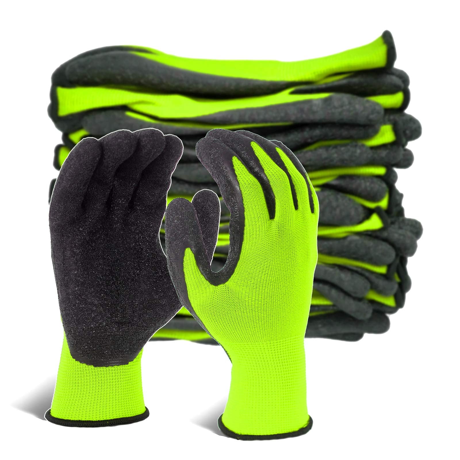 EvridWear 12-Pair Latex-Coated Safety Work Gloves, Green, Large