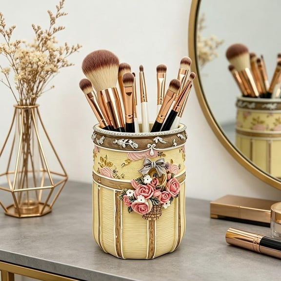 Vintage Floral Resin Makeup Brush Holder – Elegant Pen & Pencil Organizer with Rose Basket & Bow Accent for Vanity, Desk & Bathroom (4.21" Tall)