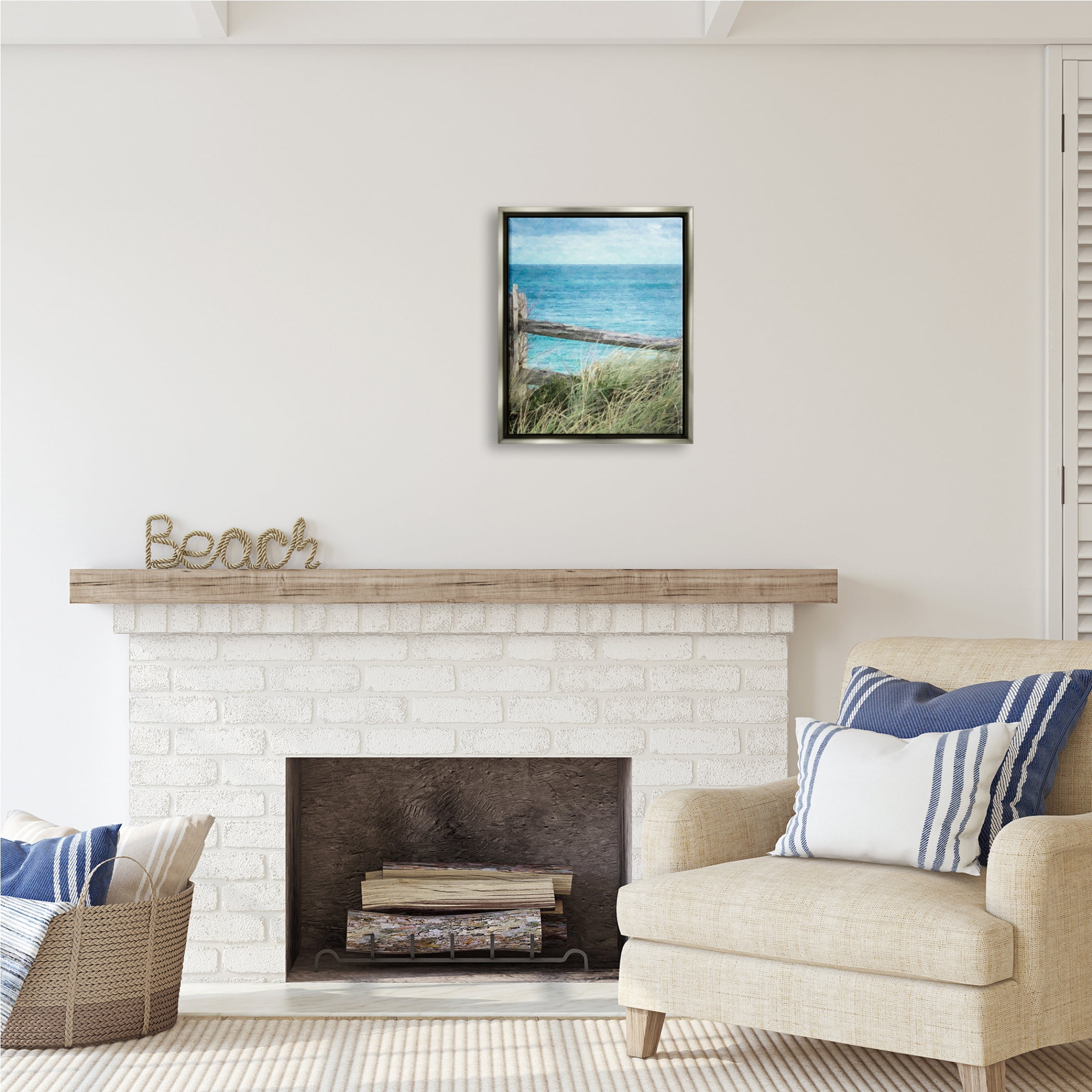 Stupell Industries Waterfront Beach Fence Nature Photography Gray Floater Framed Art Print Wall Art, 17 x 21