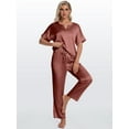 thumbnail image 3 of DAKIMOE Womens Silk Satin Pajama Sets Short Sleeve Pjs V Neck Pajamas for Women with Long Pant S to XL, 3 of 8