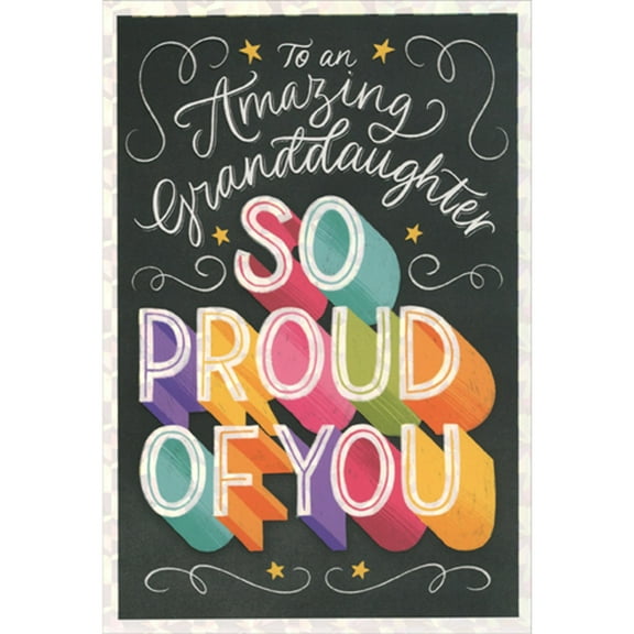 Pictura So Proud of You Colorful Standout Text on Black Graduation Congratulations Card for Granddaughter