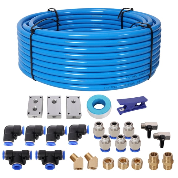 Air Push to Connect Kit: Complete 1/2" (OD) / 3/8" (ID) x 100-Feet TPEE Tubing Air Piping System