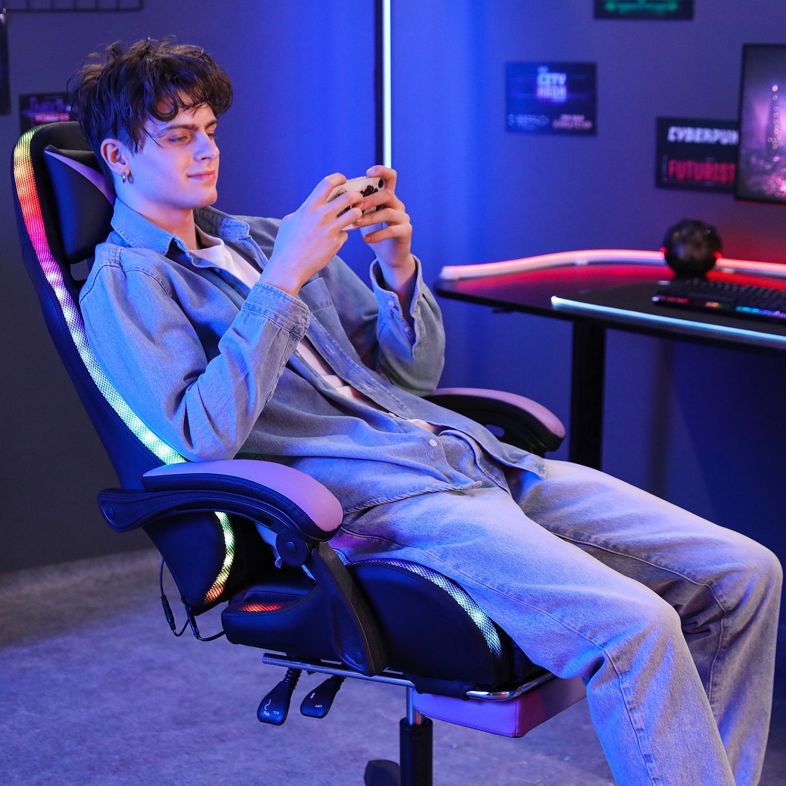 HOFFREE Gaming Chair with Massage and LED RGB Lights Ergonomic Computer Chair with Footrest High Back Video Game Chair with Adjustable Lumbar Support Linkage Armrest for Home Office
