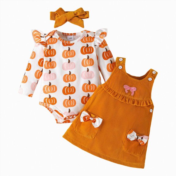 BOBOGOJP My First Halloween Baby Girl Outfit Pumpkin Ruffle Long Sleeve Romper Overall Dress Headband Cute Fall Clothes (Orange, 9-12 Months)