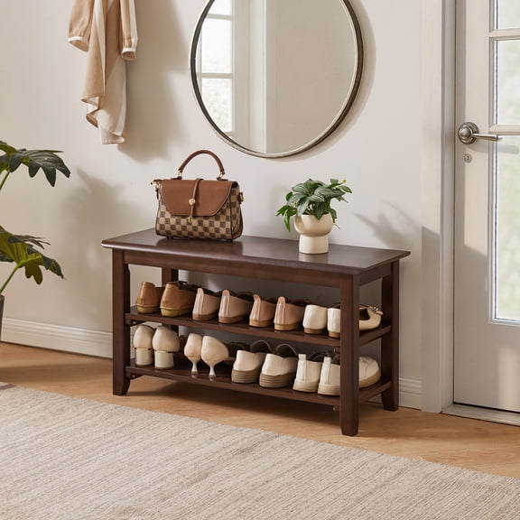 2-Tier Solid Wood Shoe Bench with Storage Shelves, Entryway Shoe Rack with Hallway Seating Bench, Walnut