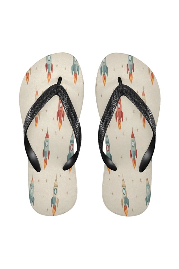 Summer Flip Flops Non-Slip Lightweight Rubber Sandals Vacation Beach Essentials Rocket with Flames Pattern