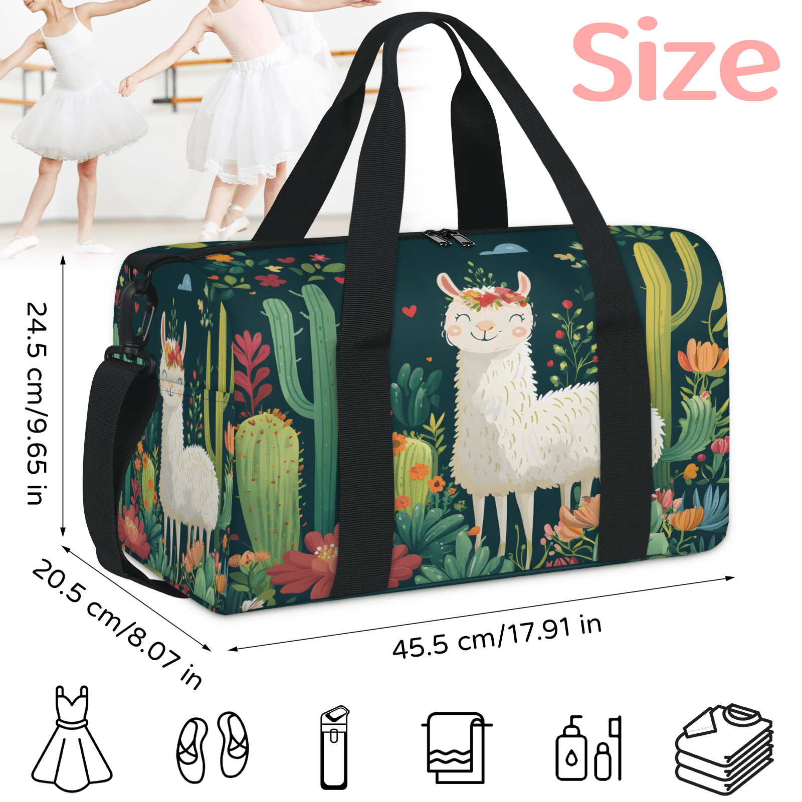 Herdesigns Alpaca Travel Duffle Bag Sports Yoga Weekender Overnight Carry on Workout Bags Lightweight Waterproof Gym Tote Bag for Women Cactus