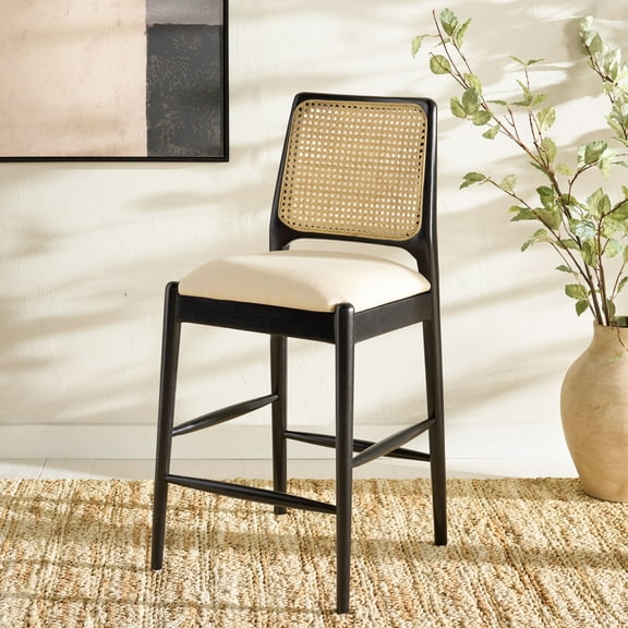 Safavieh Reinhardt Traditional Mid Back Wood and Rattan Stools, White/Black