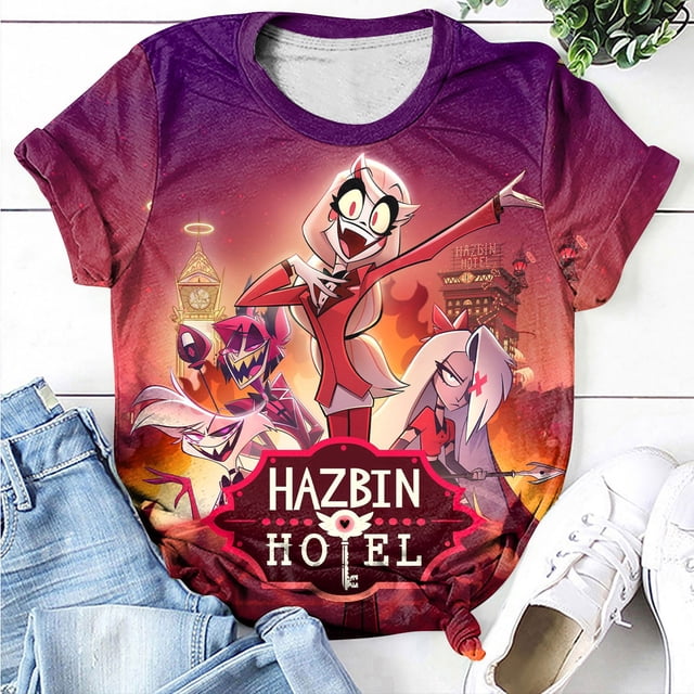 Hazbin Hotel Moda Casual Mujer Impreso Manga Corta Cuello Redondo Pullover Tops Multicolor/2XL