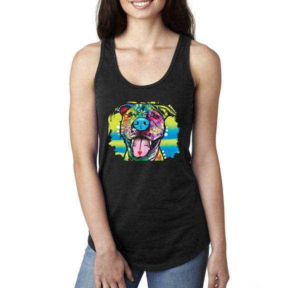 Cute Happy Smiling Dog Rainbow Pitbull Dog Lover Ladies Racerback Tank Top, Black, Small
