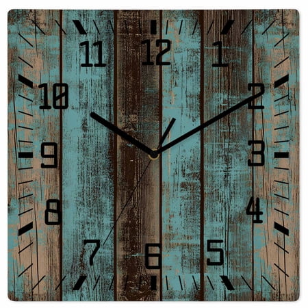 Teal Wood Grain Wooden Wall Clock Silent Non Ticking, Gradient Farm Old Wooden Board Vintage Square Wall Clocks Battery Operated, Decor Clock for Home Office, Living Room, Kitchen, 10 Inch
