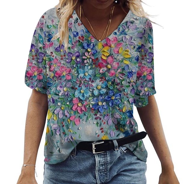 ICHUANYI Clearance Women's Fashion Casual Plus Size Scenic Flowers Printing V-Neck T-Shirt Tops(Light Blue, XXL) ICHUANYI WER2023080802851