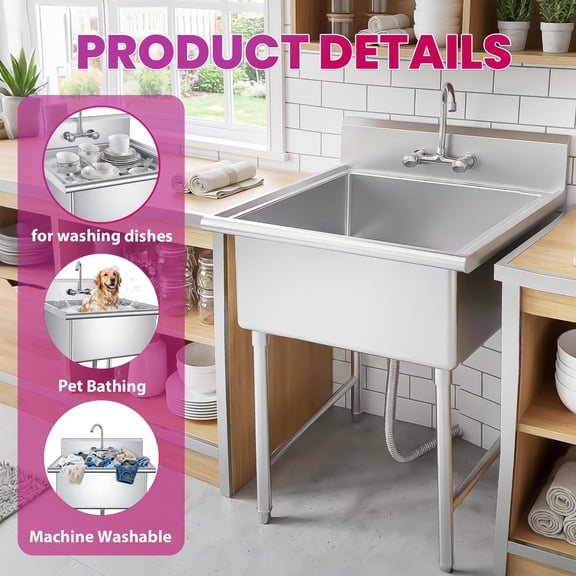 QUHEE 304 Stainless Steel Utility Sink, 27 inch Freestanding Sink, Single Bowl Laundry Sink with Faucet for Kitchen Garage
