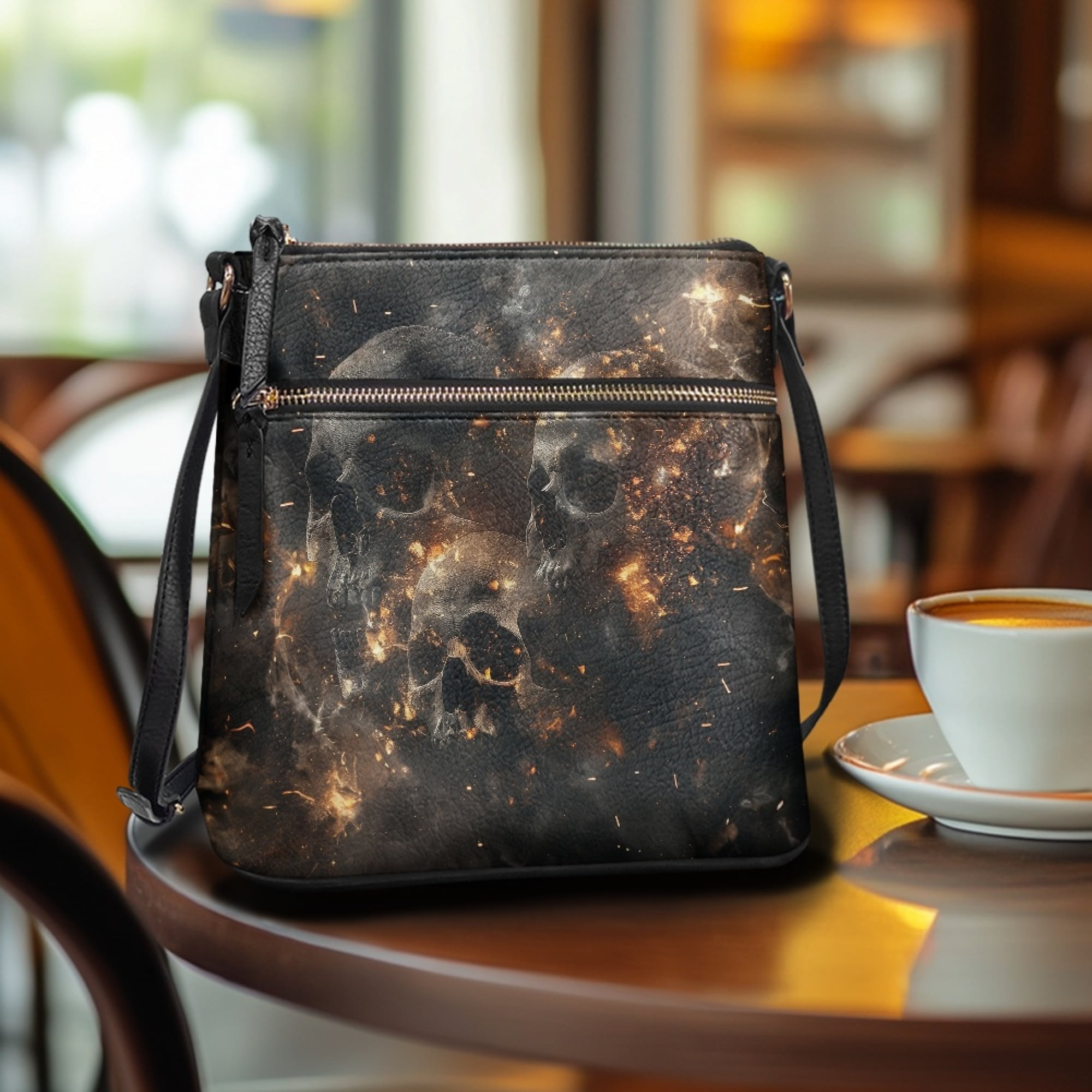 Kuiaobaty Fire Skull Print Crossbody Bag for Women, Casual Vegan Leather Satchel Purse with Adjustable Strap, Multi Pockets Shoulder Handbag Crossbody, Zipper Travel Sling Purse