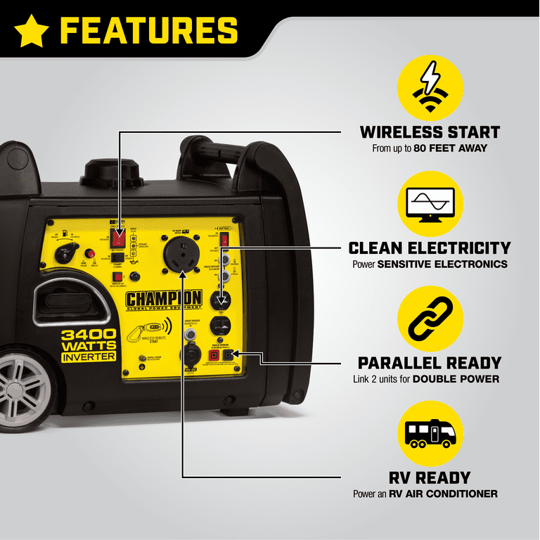 Champion Power Equipment 3400-Watt RV Ready Portable Inverter Generator with Wireless Remote Start Champion Power Equipment 3400-Watt RV Ready Portable Inverter Generator with Wireless Remote Start