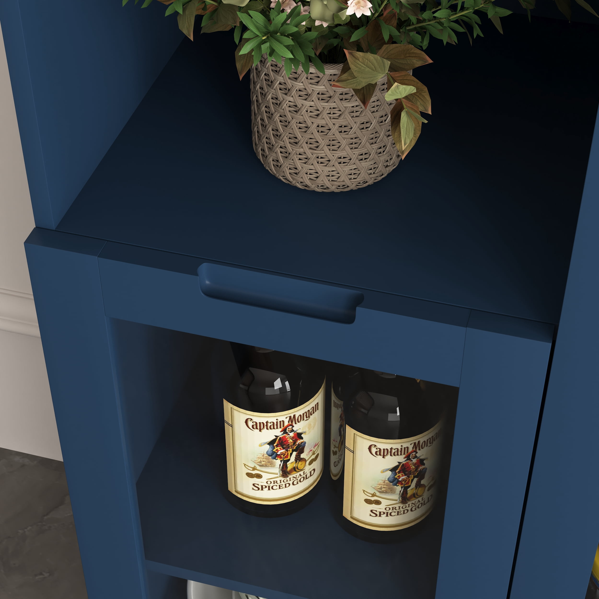 MAYEERTY White MDF Cabinet with Glass Doors & Drawer, Modern Storage Cabinet for Living Room & Bedroom, Blue