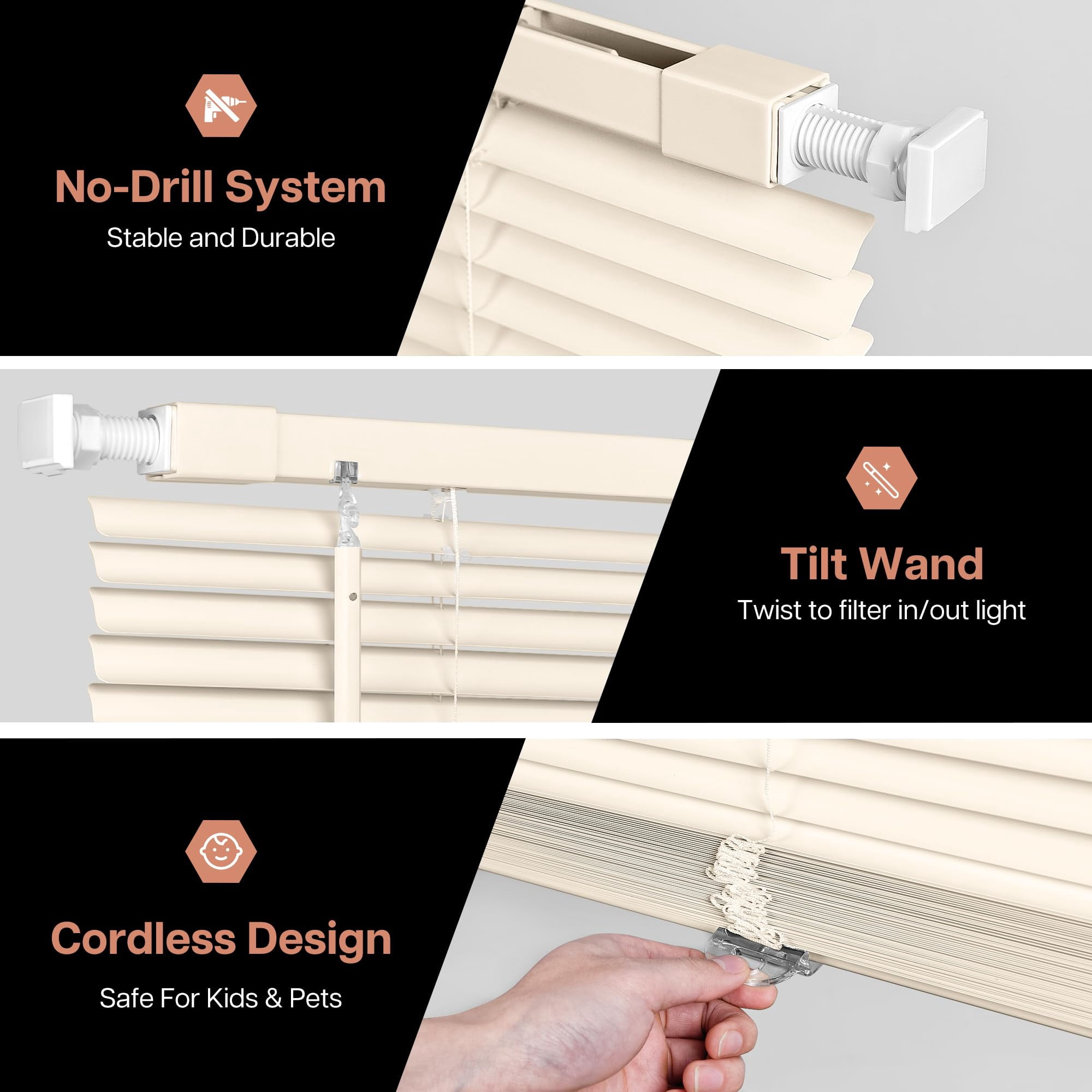 LazBlinds No Tools No Drill Cordless 1" Vinyl Mini Blinds, 100% Privacy S-Curve Blinds for Indoor Windows, Room Darkening Horizontal Window Blinds and Shades for Home, 34 1/2" W x 48" H, Beige