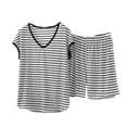 thumbnail image 2 of Cagogo Women Plus Size 2 Piece Shorts Set V Neck Short Sleeve Tshirt Elastic Waisted Shorts Loose Casual Lounge Sets Striped Summer Cruise Airport Outfit Clothes, Black M, 2 of 5