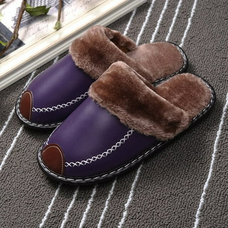 

CoCopeaunt Winter Fur Women Home Slippers Large Size PU Leather Warm Plush Couples Bedroom Shoes Non-slip Men Furry Slippers Female Slides