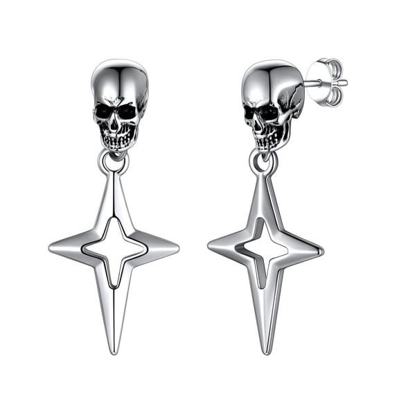U7 Mens Earring Skull Head with Star Silver Studs Dangle Drop Earrings Stainless Steel Gothic Punk Style For Son Daughter Gift