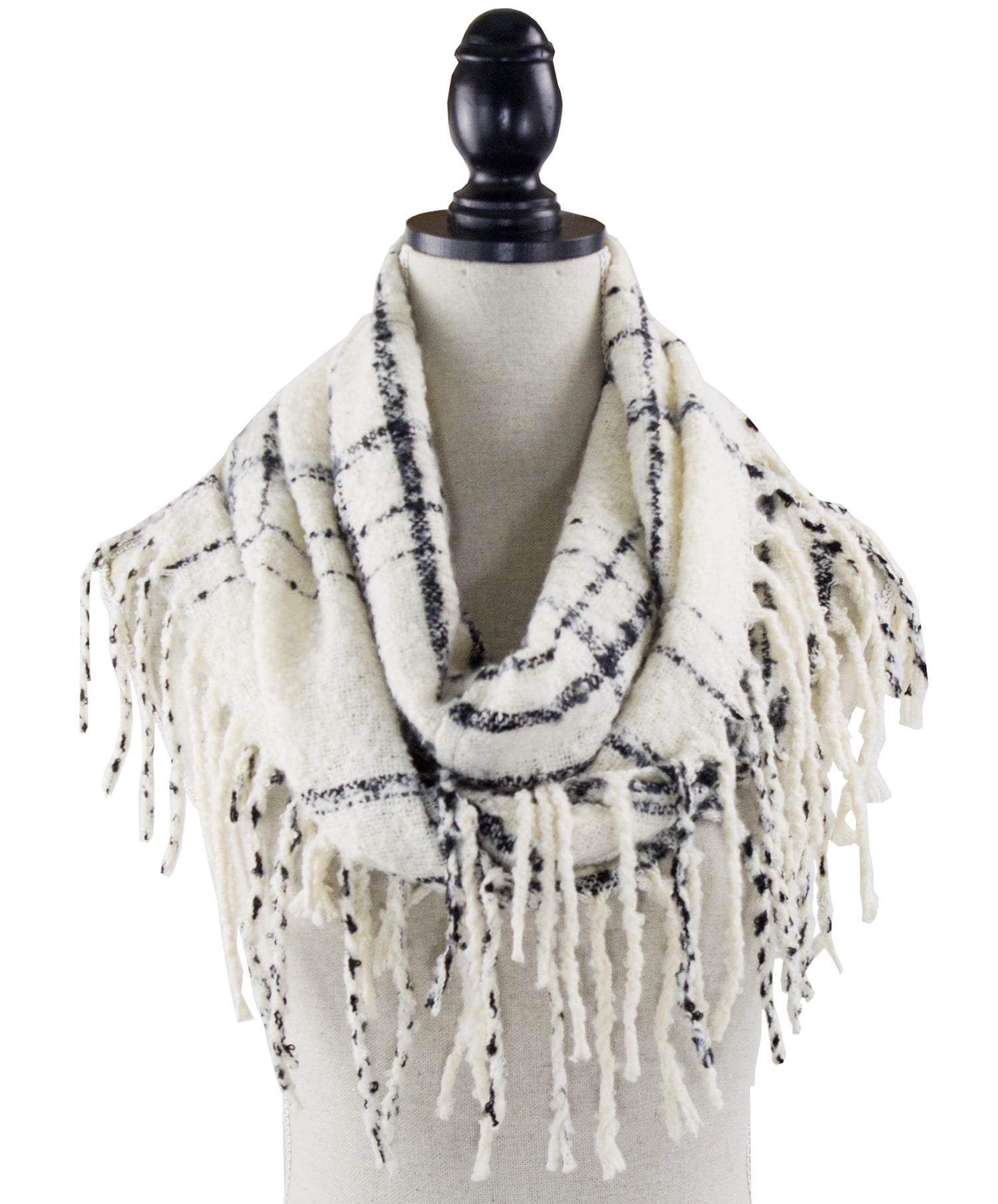 Women Stylish Twotone Plaid Infinity Loop Scarf with Long Fringe