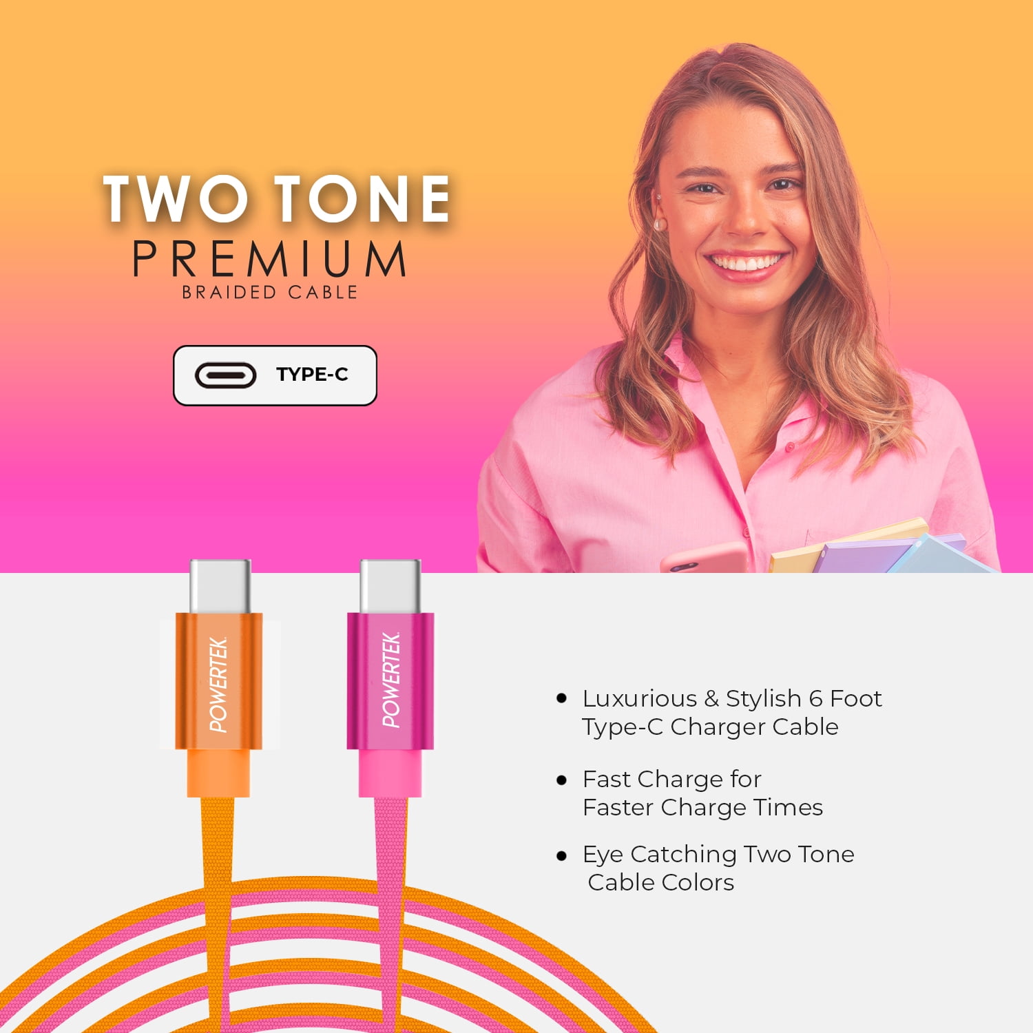 Liquipel Powertek 6' USB-C to USB-C Cable, Orange and Pink
