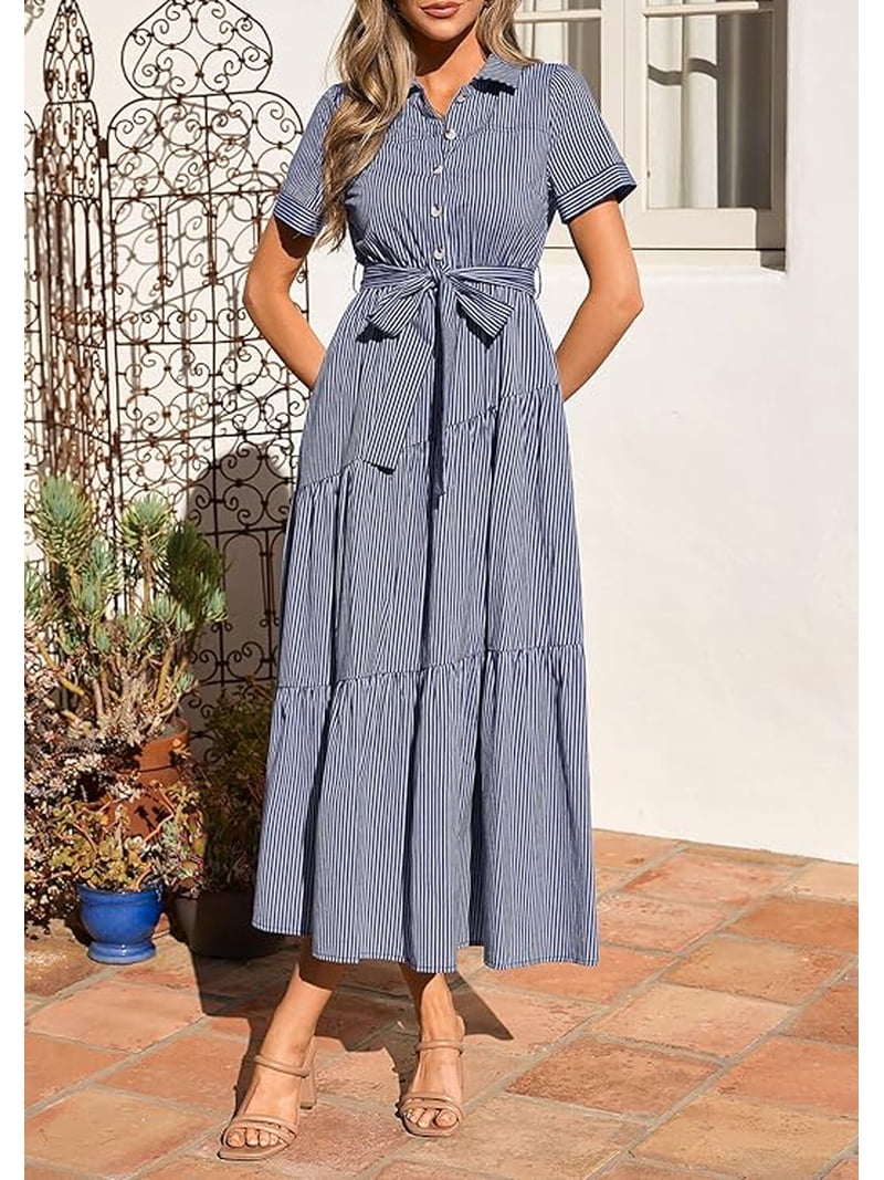flowy button up dress Womens Button Down Maxi Shirt Dress Loose Fit Boho Cotton Linen Long Shirt Dress Casual Lapel Collar Long Sleeve Maxi Dresses Spring Fall V Neck Flowy Baggy Blouse Dress with Pockets S A
