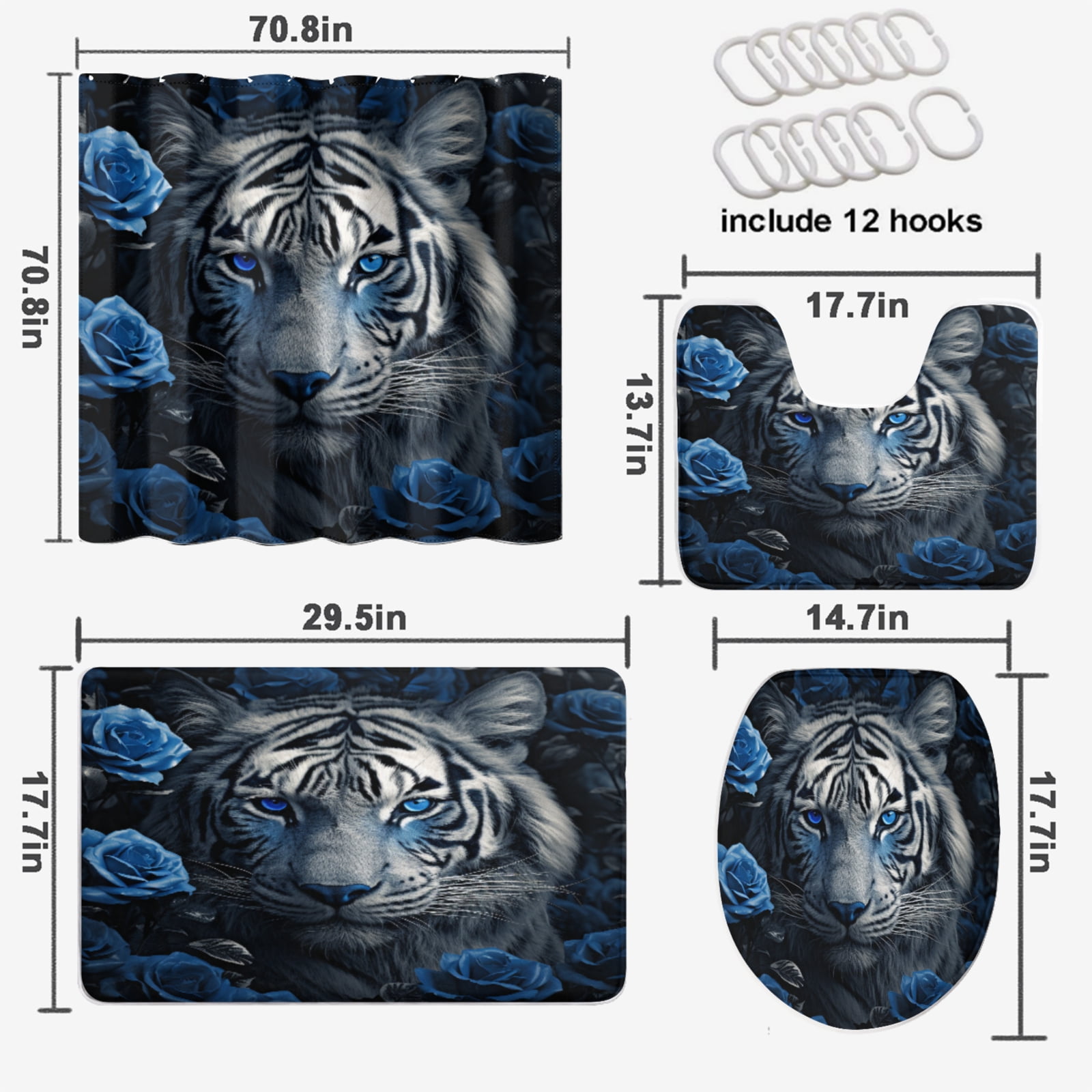 Tiger Shower Curtain Sets with Rugs 4 Piece Wild Animal Blue Rose Tiger Romantic Floral with Toilet Lid Cover and Bath Mat, Waterproof Shower Curtain with 12 Hooks, 72x72 Inch