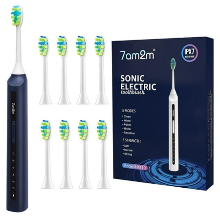 7AM2M Sonic Electric Toothbrush, High Power Rechargeable Toothbrushes, with 8 Brush Heads for Adults and Kids, 15 Adjustable Modes, Built-in 2-Minute Smart Timer, 4 Hours Fast Charge, Navy Blue