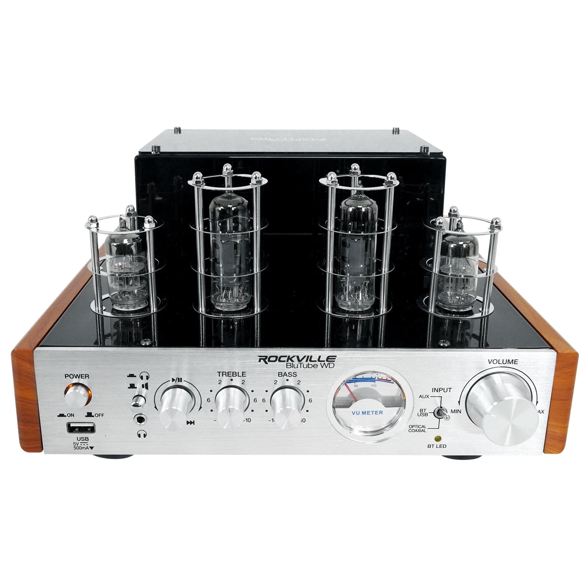 Rockville Blutube WD 70w Bluetooth Tube Amplifier/Home Stereo Receiver Audiophile Grade Amplifier 2-Tone Silver with Wood Accent