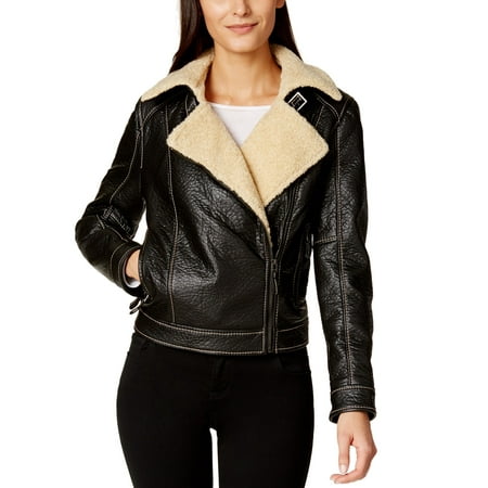 Shearling Leather Coat - Studio M NEW Black Women's Small S Faux Leather Shearling Moto Jacket